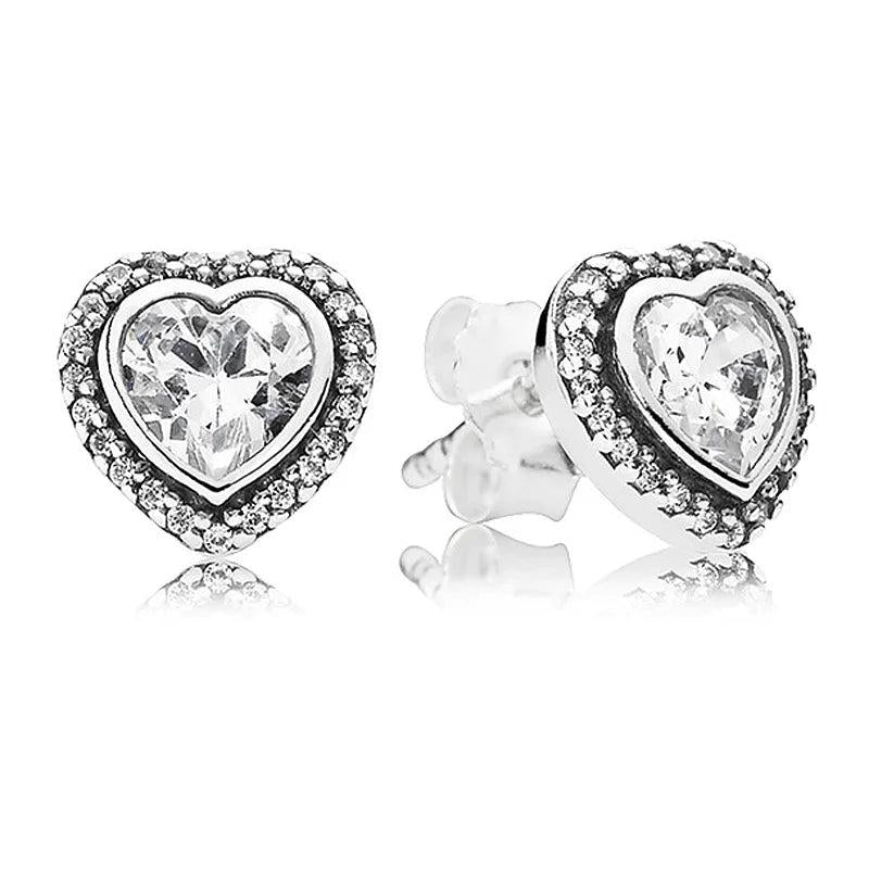 925 Silver Earring Sparkling Rose Love Heart Red Crystal Stud For Women