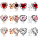 925 Silver Earring Sparkling Rose Love Heart Red Crystal Stud For Women