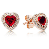925 Silver Earring Sparkling Rose Love Heart Red Crystal Stud For Women