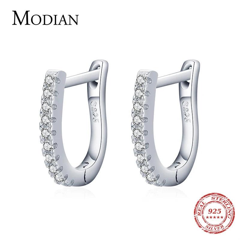 Clear Zircon Crystal Earring 925 Sterling Silver U Shape Sparkling Hoop Earrings