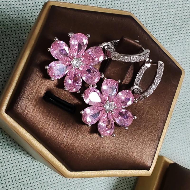 Pink Zircon S925 Silver Drop Earrings Vintage Wedding Jewelry