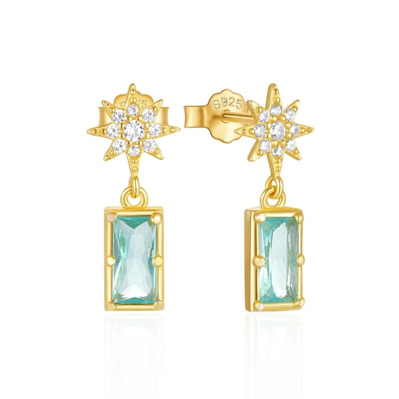 925 Silver Square Sapphire 8-pt Star Drop Earrings 18K Fine Jewelry