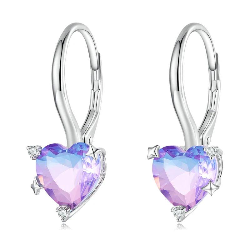 925 Silver Purple Rainbow Heart Hoop Earrings Romantic Year Jewelry Gift