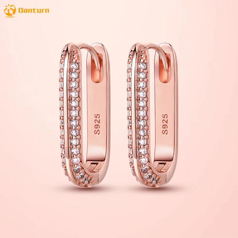 925 Silver Rose Gold Pav U-shaped Hoop Earrings