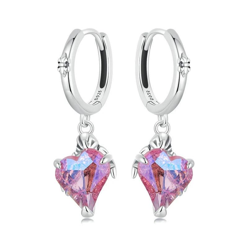 925 Silver Pink Heart Dangle Earrings Rainbow CZ Skull Punk Gift