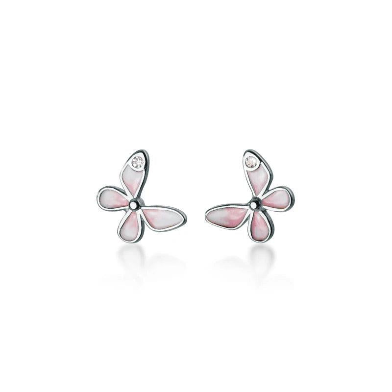 925 Silver Enamel Butterfly Stud Earrings Sweet Tiny Ear Pin