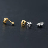 925 Silver Skull Screw Stud Earrings Punk Style Men Women Jewelry