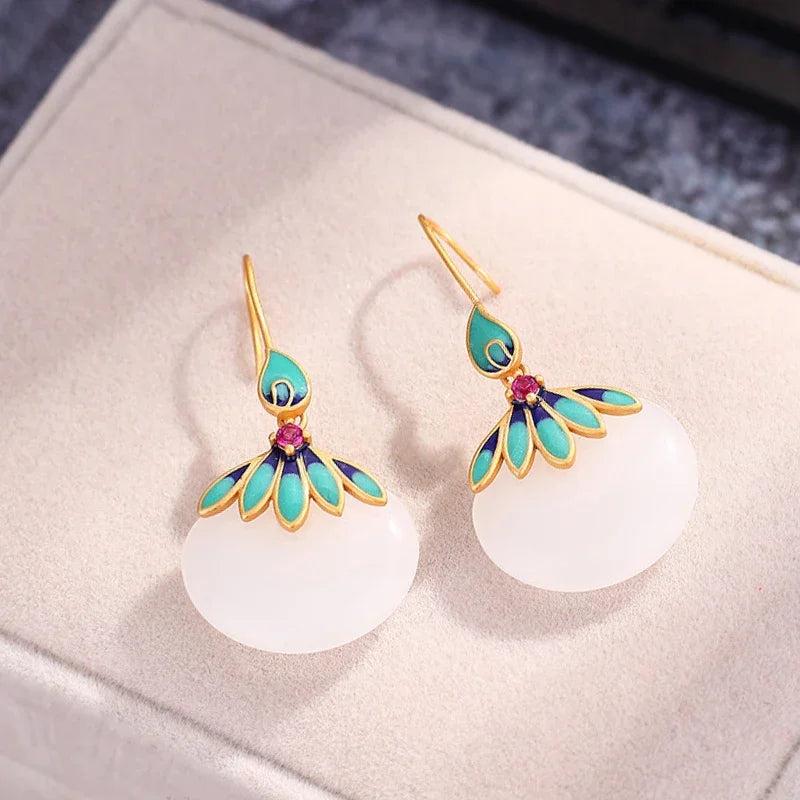 Chinese Enamel Leaf Inlay Hotan Jade Earrings Retro Party Jewelry
