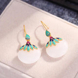 Chinese Enamel Leaf Inlay Hotan Jade Earrings Retro Party Jewelry