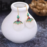 Chinese Enamel Leaf Inlay Hotan Jade Earrings Retro Party Jewelry