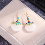 Chinese Enamel Leaf Inlay Hotan Jade Earrings Retro Party Jewelry