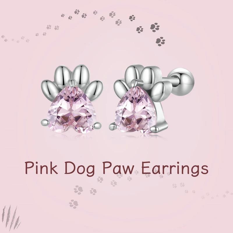 925 Silver Pink Dog Paw Stud Earrings Platinum Plated Heart Zircon Women Jewelry