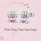 925 Silver Pink Dog Paw Stud Earrings Platinum Plated Heart Zircon Women Jewelry