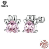 925 Silver Pink Dog Paw Stud Earrings Platinum Plated Heart Zircon Women Jewelry
