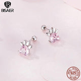 925 Silver Pink Dog Paw Stud Earrings Platinum Plated Heart Zircon Women Jewelry
