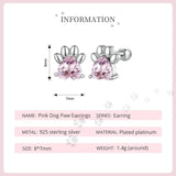 925 Silver Pink Dog Paw Stud Earrings Platinum Plated Heart Zircon Women Jewelry