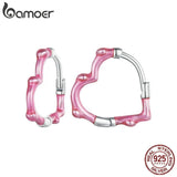 925 Silver Pink Heart Hoop Earrings Women Girl Party Christmas Gift