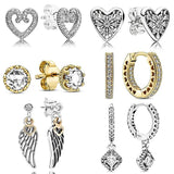 925 Silver Earring Clear Sparkling Crown Pave Heart Hoop Women Jewelry