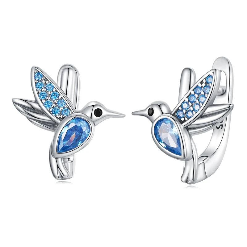 925 Silver Hummingbird Hoop Earrings Crystal Drop Ear Clips Wedding Jewelry
