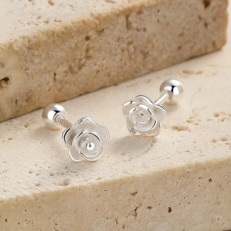 925 Silver Rose Flower Stud Earrings for Girls Charm Ins Plant Ear Nail