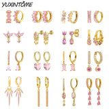 925 Silver Ear Needle Pink Zircon Earrings Water Drop/Star/Geometric Hoop