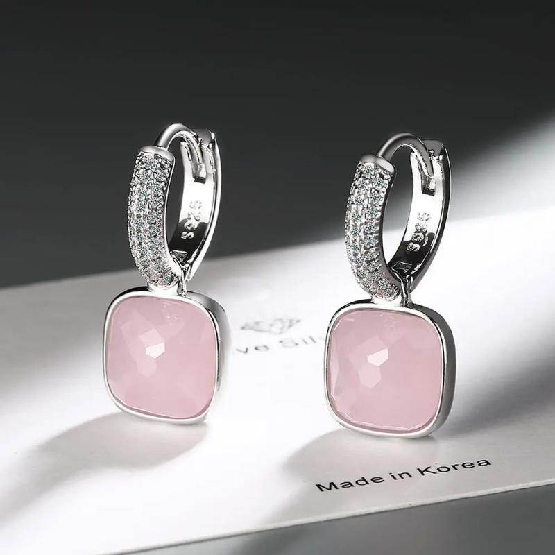 Geometric Crystal Square Ear Buckle Silver Earrings
