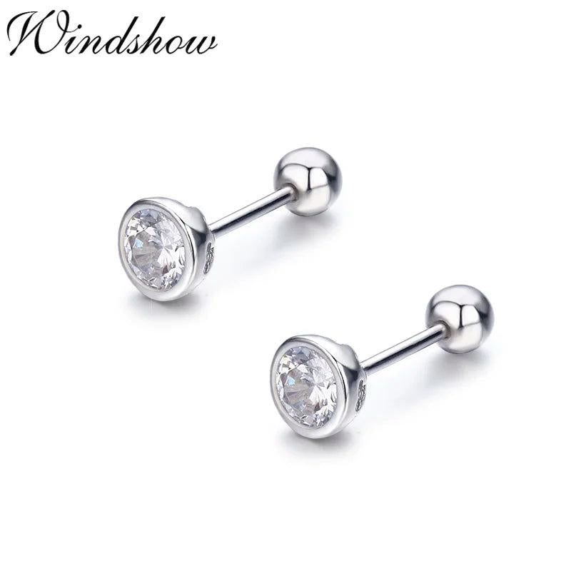 925 Silver CZ Screw Stud Earrings Round Design Girls Kids Piercing Jewelry
