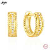 925 Silver Twist CZ Zircon Buckle Hoops Earrings