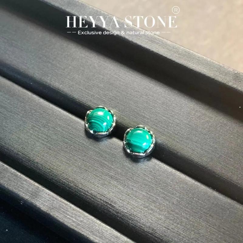 HEYYA STONE Malachite Stud Earrings 925 Silver Fine Jewelry Classic Style