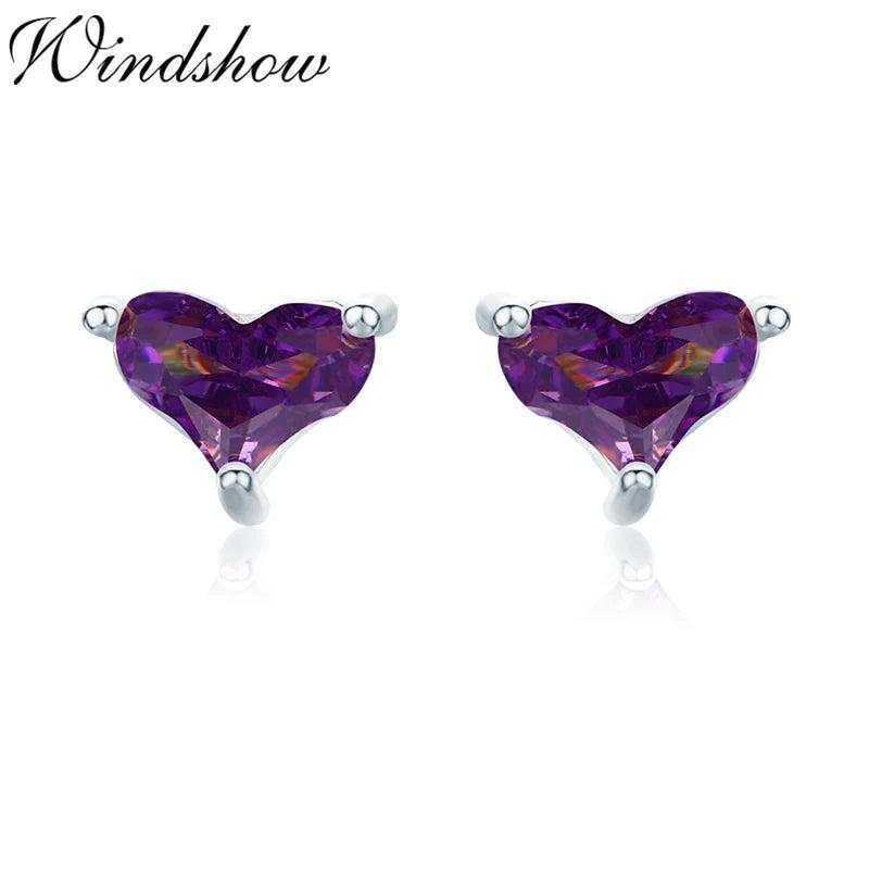 925 Sterling Silver Purple CZ Heart Stud Earrings