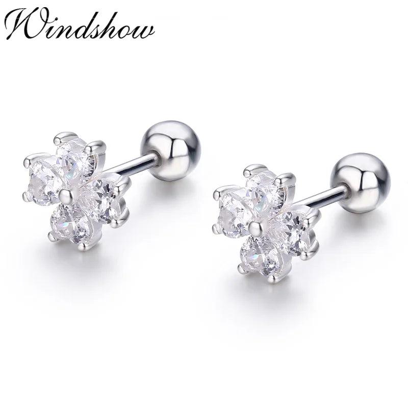 925 Silver Pink CZ Flower Stud Earrings for Girls