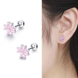925 Silver Pink CZ Flower Stud Earrings for Girls