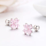 925 Silver Pink CZ Flower Stud Earrings for Girls