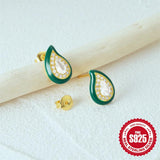 925 Silver Water Drop Stud Earrings Crystal Ear Studs Retro Jewelry