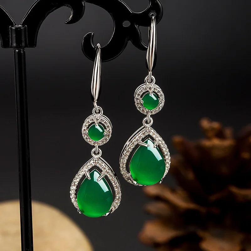 Green Jade Chalcedony Water Drop Earrings 925 Silver Jadeite Jewelry