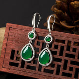 Green Jade Chalcedony Water Drop Earrings 925 Silver Jadeite Jewelry