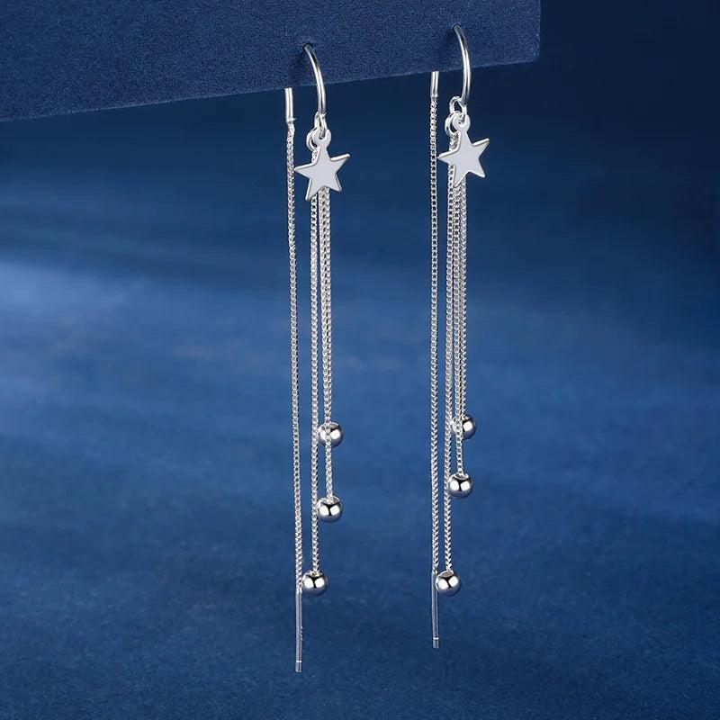 925 Silver Zircon Star Tassel Drop Earrings for Women, Girls