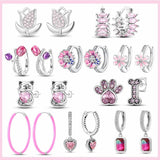 925 Silver Cat Footprint Pink Zirconia Earrings