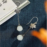 Vintage 925 Silver Hetian Jade Long Earrings Antique Finish