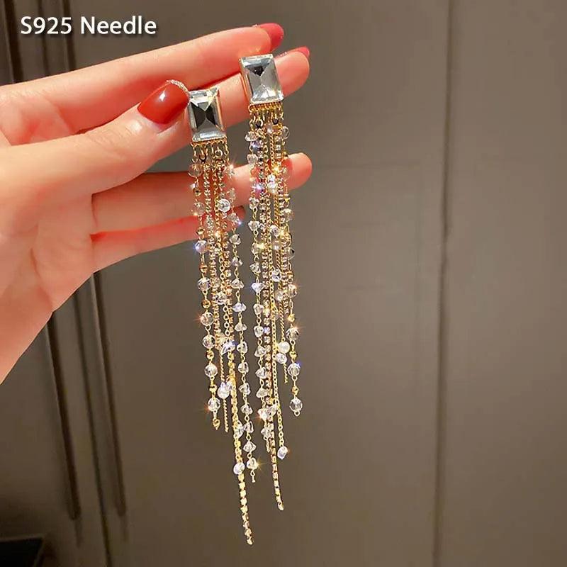 925 Silver Dangle Drop Earrings Square CZ Pearls Tassel Earrings