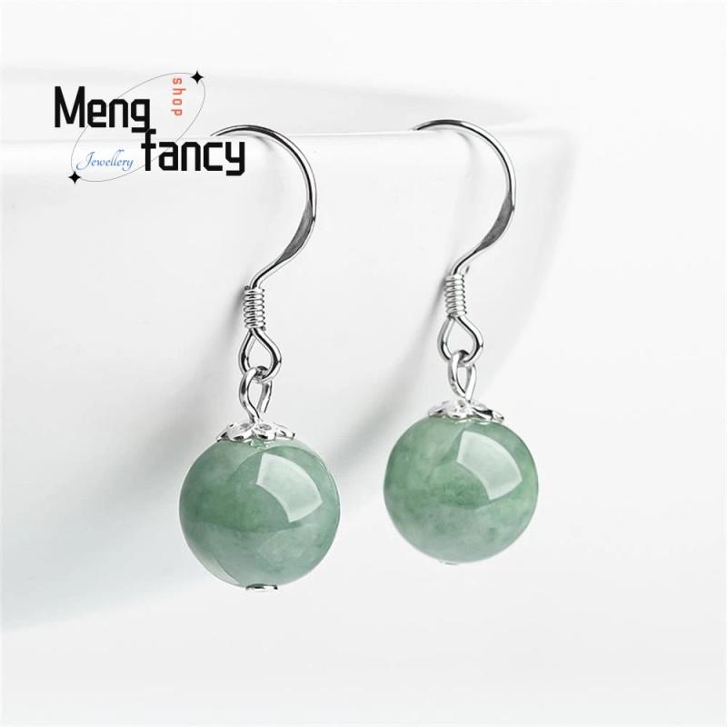 Jadeite Round Bead Earring S925 Silver Women's Charm Jewelry