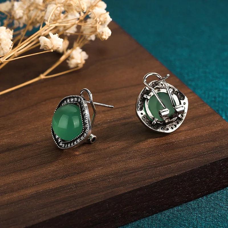Green Jade Earrings Chinese Accessories 925 Silver Vintage Carved Women