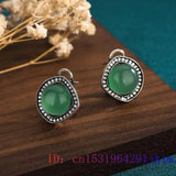 Green Jade Earrings Chinese Accessories 925 Silver Vintage Carved Women