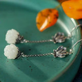 925 Silver Hetian Jade Antique Earrings Vintage Style Long Earrings