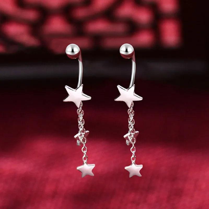 925 Silver Star Shape Pendant Earrings Tassel Chain Bestie Wedding Jewelry