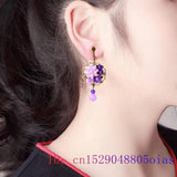Vintage Purple Jade Flower Earrings 925 Silver Chinese Jewelry