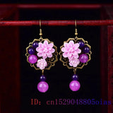 Vintage Purple Jade Flower Earrings 925 Silver Chinese Jewelry