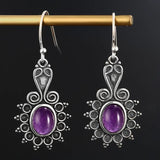 Ethnic Flower Amethyst 925 Silver Drop Earrings