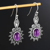 Ethnic Flower Amethyst 925 Silver Drop Earrings
