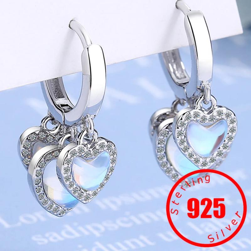 925 Silver Moonstone Heart Dangle Hoop Earrings for Women Girl